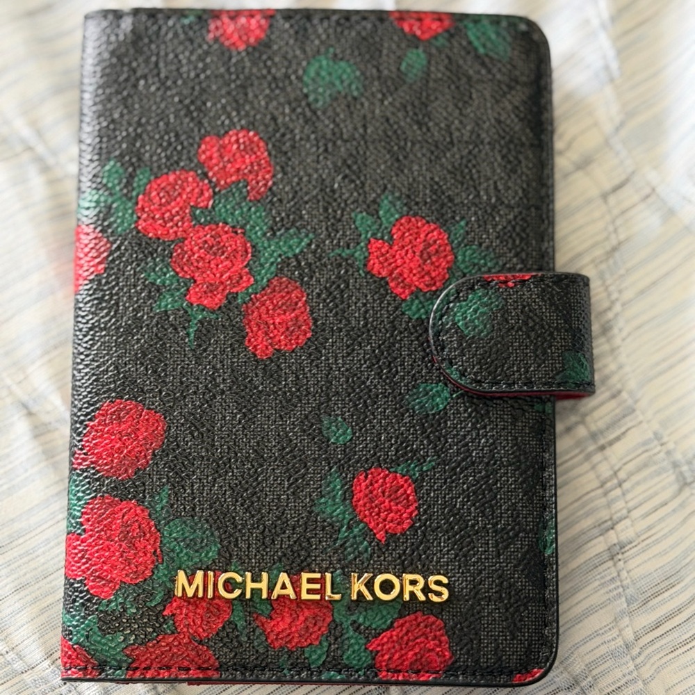 Michael Kors Black Floral Passport Case with Red Roses